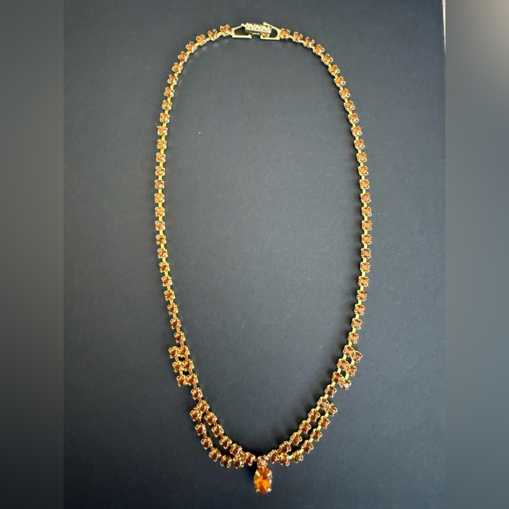 Vintage Amber Crystal Rhinestone Necklace Art Deco